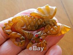 Vtg Rare Marbled Amber Bakelite Carved Winged Dragon Brooch Pinred Eyestested