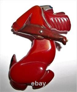 Vtg Rare Red Bakelite Army Soldier Dog with Riffle / Articulated Arm Pin Brooch