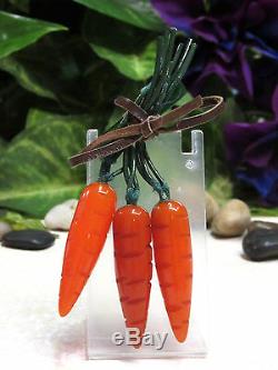 Vtg SUPER RARE Carved Bakelite Bunch of Carrots Figural Pin Brooch BOOK PIECE
