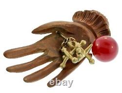 Vtg Whimsical RARE 1930s BAKELITE Wood Hand Playing Jax Ball Figural Pin Brooch