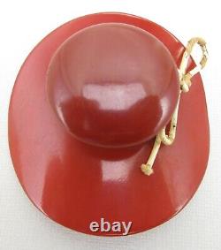 WHIMSICAL VINTAGE RED BAKELITE HAT BONNET BROOCH PIN With BOW