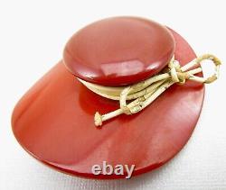 WHIMSICAL VINTAGE RED BAKELITE HAT BONNET BROOCH PIN With BOW