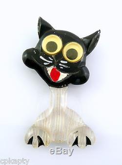 WHIMSICAL Vintage 1930s Googly Eye Goofy Looking Lucite CAT Brooch PIN
