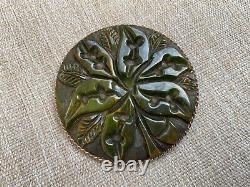 WONDERFUL vintage deeply CARVED spinach GREEN BAKELITE large PIN, 2-1/2 inches