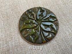 WONDERFUL vintage deeply CARVED spinach GREEN BAKELITE large PIN, 2-1/2 inches