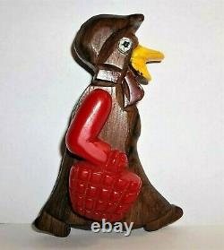 WW11 era 1930s Red Bakelite Articulated Carved Wood Duck Chicken Brooch Pin