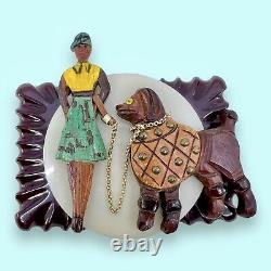 Woman Walking Poodle Dog Brooch /Pendant Carved Wood Bakelite Celluloid Leather