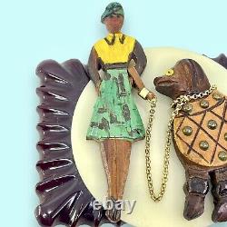 Woman Walking Poodle Dog Brooch /Pendant Carved Wood Bakelite Celluloid Leather