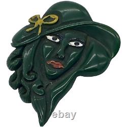 Woman with hat Hand carved bakelite pin brooch