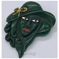 Woman with hat Hand carved bakelite pin brooch