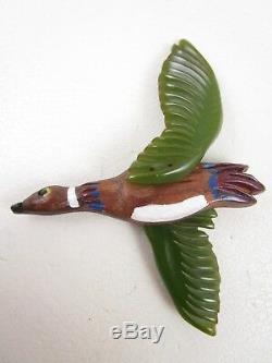 Wonderful Vintage Bakelite And Wood Carved Figural Duck Pin