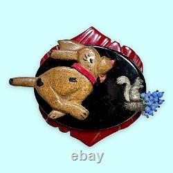 Wood & Bakelite Brooch / Pendant, Carved & Painted Running Dog Chasing Squirrel