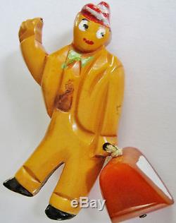 Wow! Original Vintage Bakelite Figure Pin Hitch Hiker College Man With Suitcase