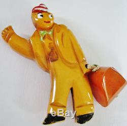 Wow! Original Vintage Bakelite Figure Pin Hitch Hiker College Man With Suitcase