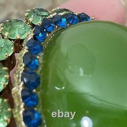 XL Vintage Green Bakelite & Rhinestone Pin Brooch 2 3/4 Goldtone