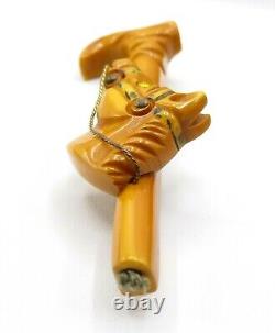 Yellow Bakelite Horse Head And Cane Brooch Pin