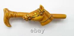 Yellow Bakelite Horse Head And Cane Brooch Pin