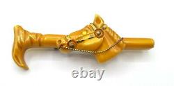 Yellow Bakelite Horse Head And Cane Brooch Pin