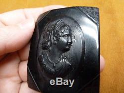 (c1551) Woman in tiara black Bakelite mourning cameo pin jewelry brooch vintage