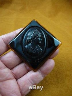 (c1552) Vintage Woman in tiara black Bakelite mourning diamond cameo pin brooch