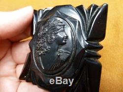 (c1553) Vintage Woman looking up black Bakelite mourning square cameo pin brooch
